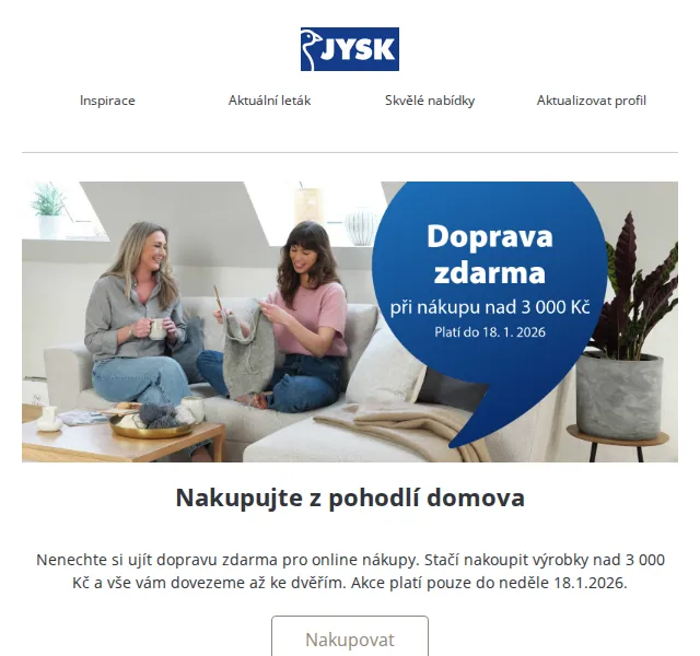 JYSK: Doprava zdarma nad 3000 Kč – duben 2026 | Nuslet.cz