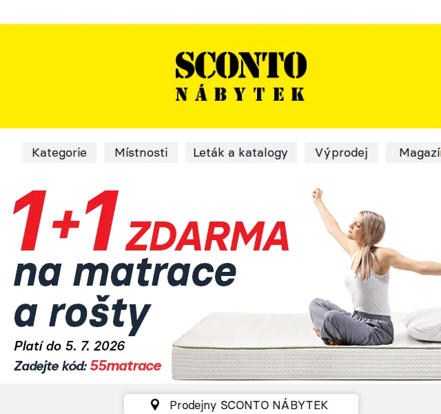 Sconto: 1+1 zdarma na matrace, rošty – červen 2026
