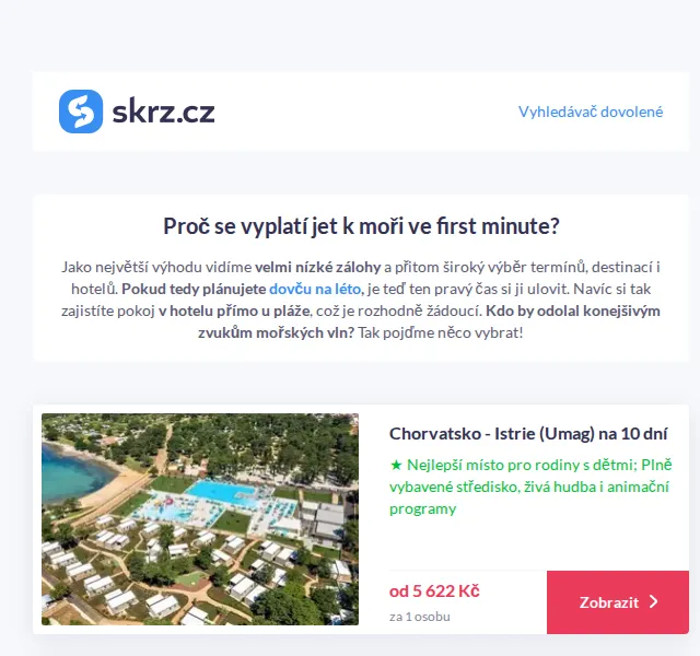Skrz.cz: First minute dovolená 2026 od 5 622 Kč – červenec 2026 | Nuslet.cz