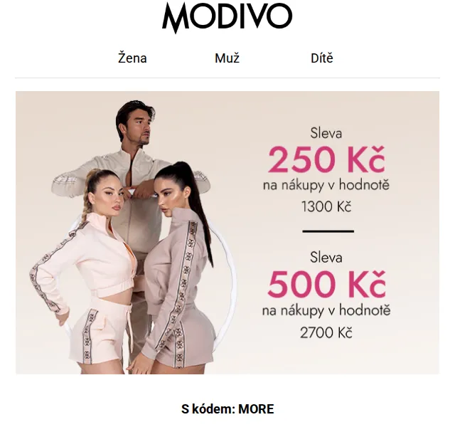 Modivo: 250 Kč nebo 500 Kč s kódem MORE – červen 2026 | Nuslet.cz