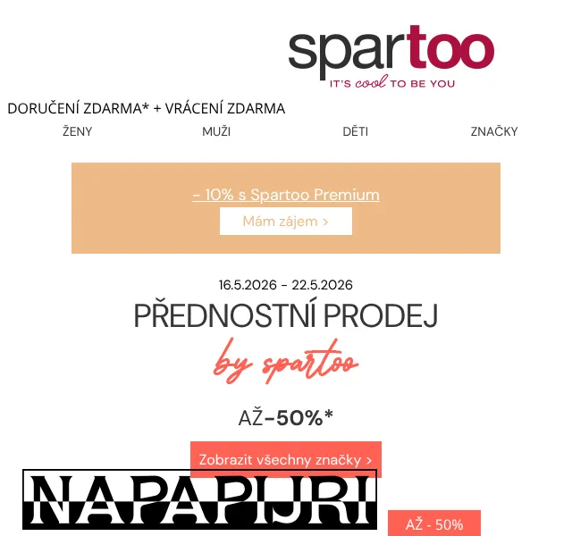 Spartoo.cz: až -50% na Napapijri, BOSS, Emporio Armani – květen 2026