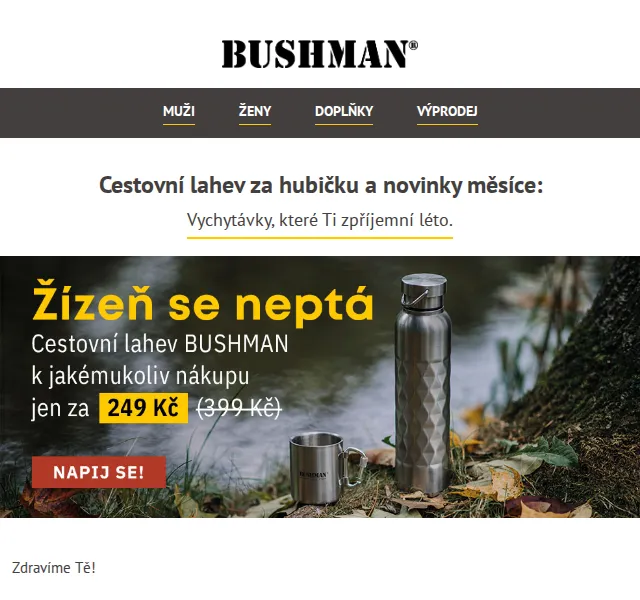 BUSHMAN: Cestovní lahev za 249 Kč a novinky – červenec 2026 | Nuslet.cz