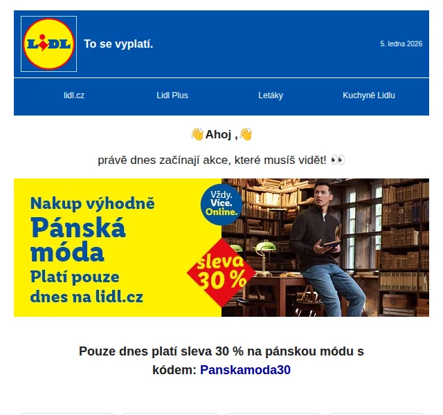 Lidl: 30 % sleva pánská móda + Hity týdne – leden 2026