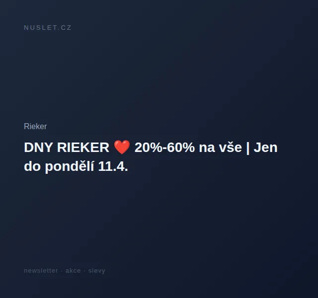 Rieker: 20%–60% na vše a kabelky –35 % – červen 2026 | Nuslet.cz