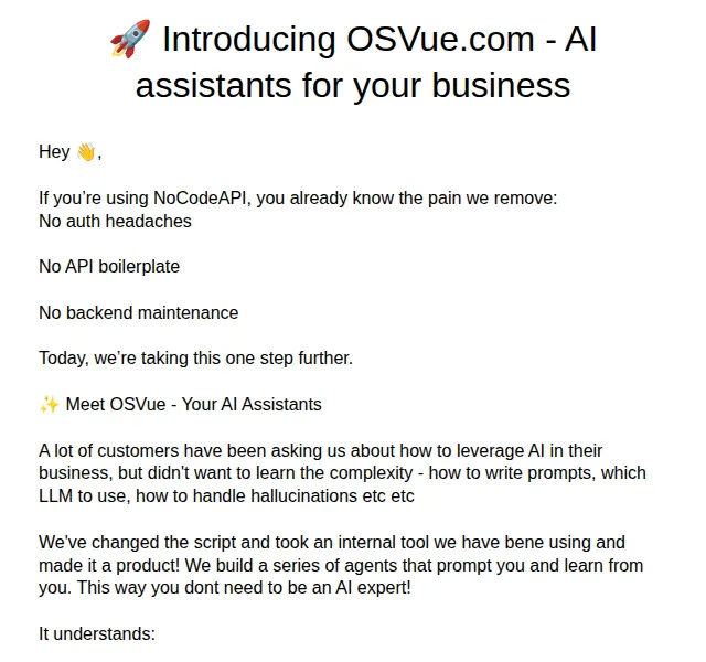 NoCodeAPI: OSVue.com AI Asistenti v Beta | Nuslet