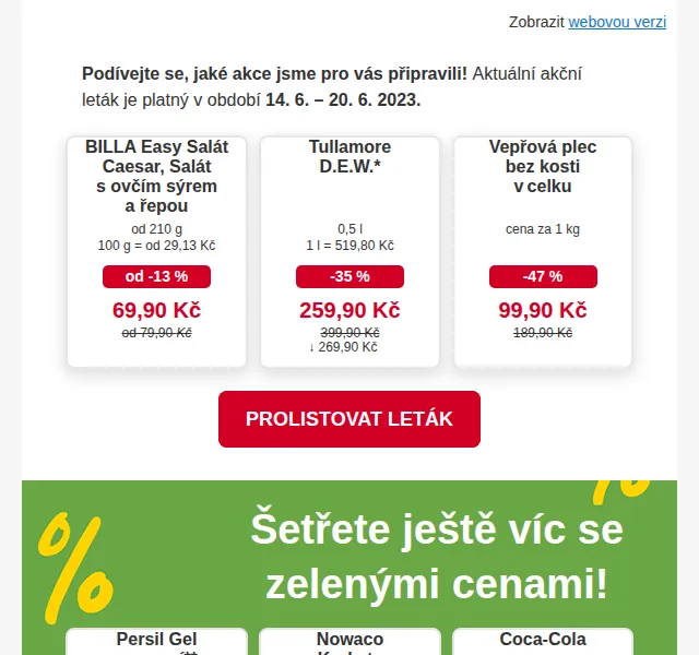 BILLA: Tullamore D.E.W. 259,90 Kč a vepřová plec 99,90 Kč – červenec 2026 | Nuslet.cz