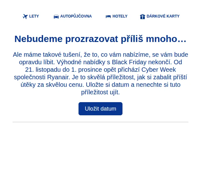 Ryanair: Black Friday & Cyber Week slevy 2026 – Listopad 2026 | Nuslet.cz