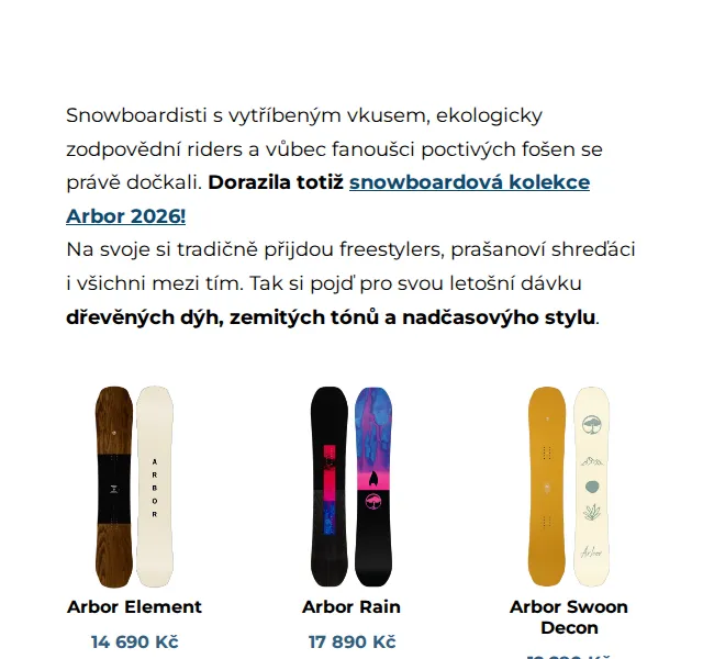 SNOWBOARD ZEZULA: Arbor 2026 – Snowboardová lahůdka od 12 290 Kč – červenec 2026 | Nuslet.cz