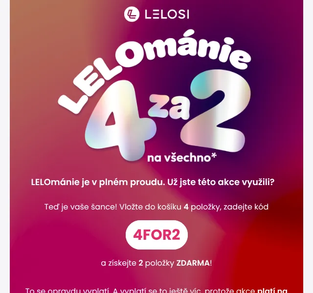 LELOSI: Slevový kód 4FOR2 — 50 % sleva – srpen 2026
