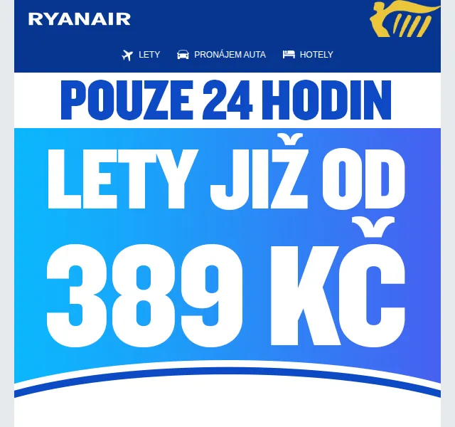 Ryanair: Lety od 389 Kč – červen 2026 | Nuslet.cz