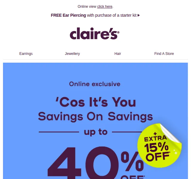 Claire's: Extra 15% sleva na šperky a doplňky – červen 2026 | Nuslet.cz