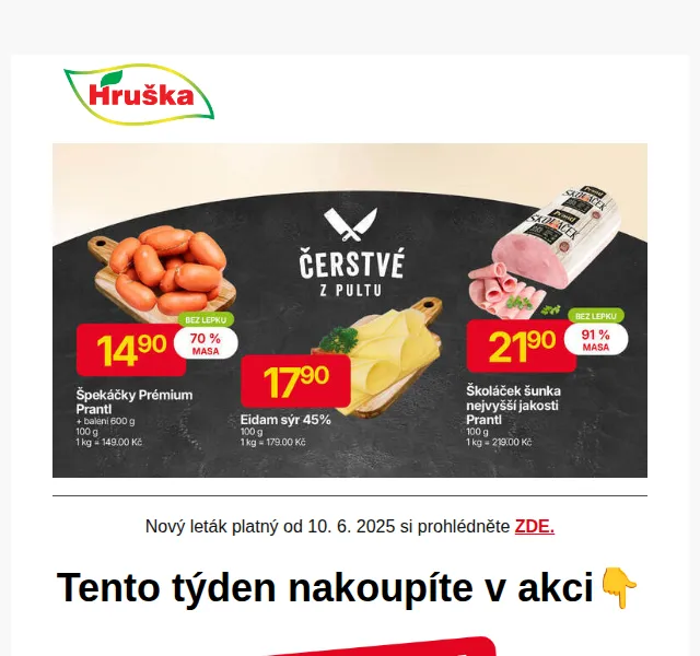 Hruška: Gril klobásy od Mistra za 25,40 Kč a Březňák za 39,90 Kč – červen 2025 | Nuslet.cz