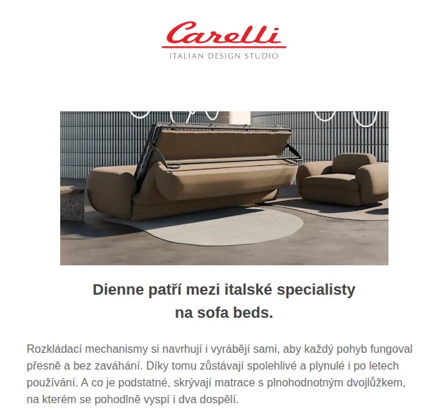 Carelli Nábytek: Italské sofa beds Bob a Cross – červenec 2026 | Nuslet.cz