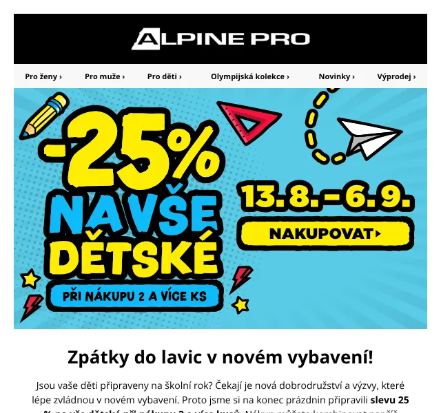 ALPINE PRO: Sleva 25 % na dětské oblečení – srpen 2026