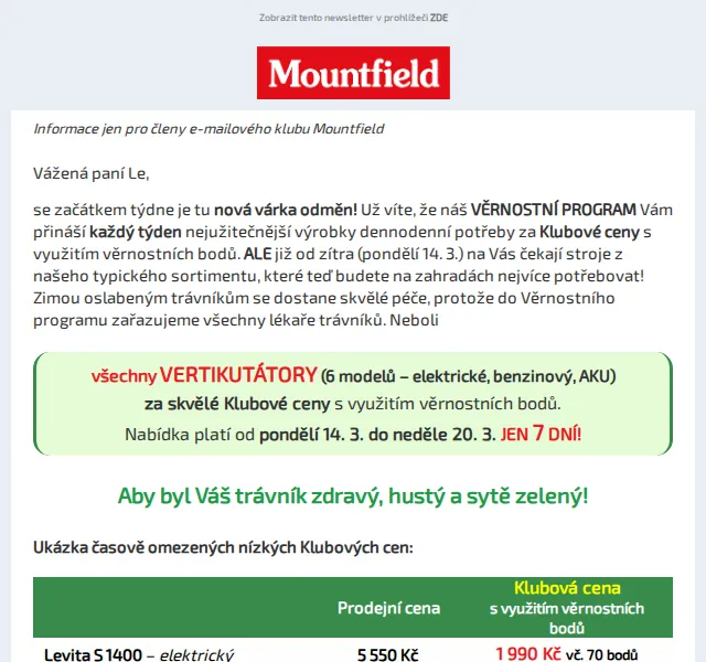 Mountfield: Všechny vertikutátory ve Věrnostním programu – březen 2026 | Nuslet.cz