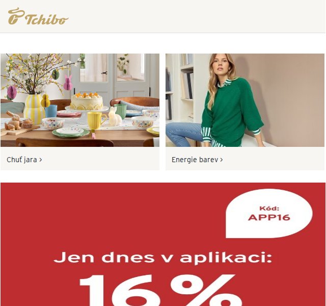 Tchibo: 16 % sleva v aplikaci APP16 – únor 2026 | Nuslet.cz