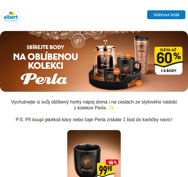 Albert: Designové nádobí Perla se slevou až 60 % – září 2026 | Nuslet.cz