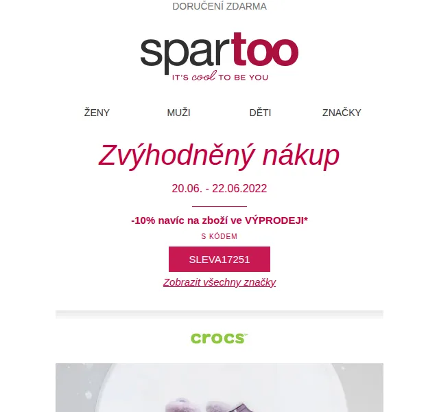 Spartoo.cz: SLEVA AŽ -60% + -10% na Crocs – červen 2026 | Nuslet.cz