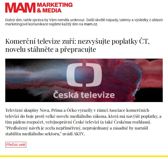 Marketing & Media: Komerční televize zuří proti poplatkům ČT – červenec 2026 | Nuslet.cz