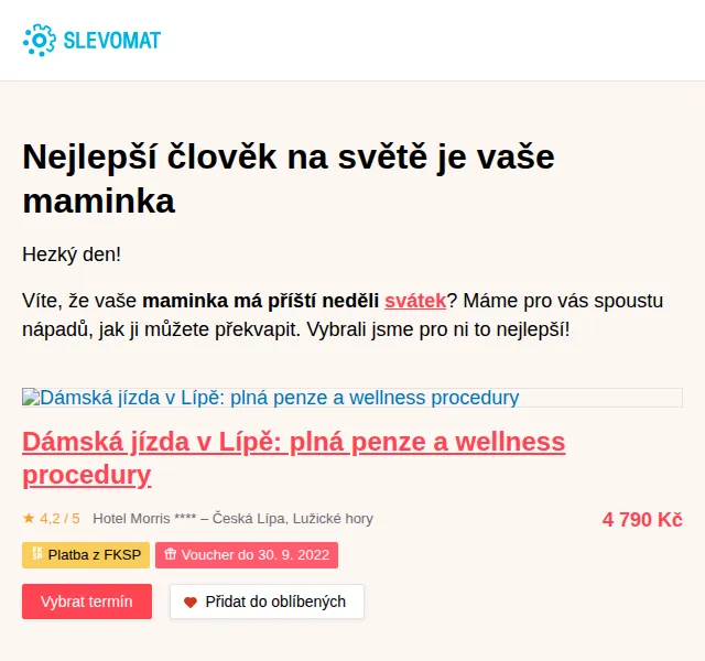Slevomat: Dárek pro maminku – wellness pobyty a kosmetika – červen 2026 | Nuslet.cz