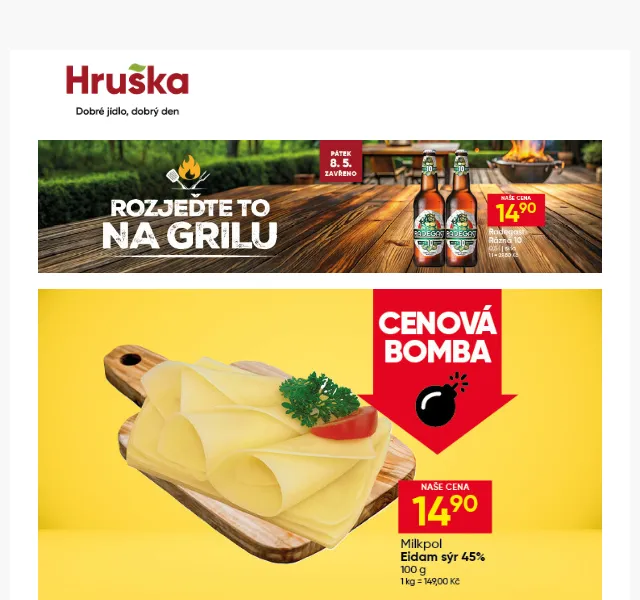 Hruška: Jablka 15,90 Kč, Eidam -45 % – květen 2026