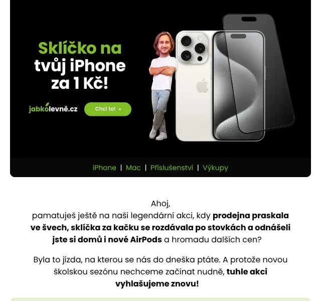 JabkoLevně: Sklo za 1 Kč + iPhone 17 – srpen 2026