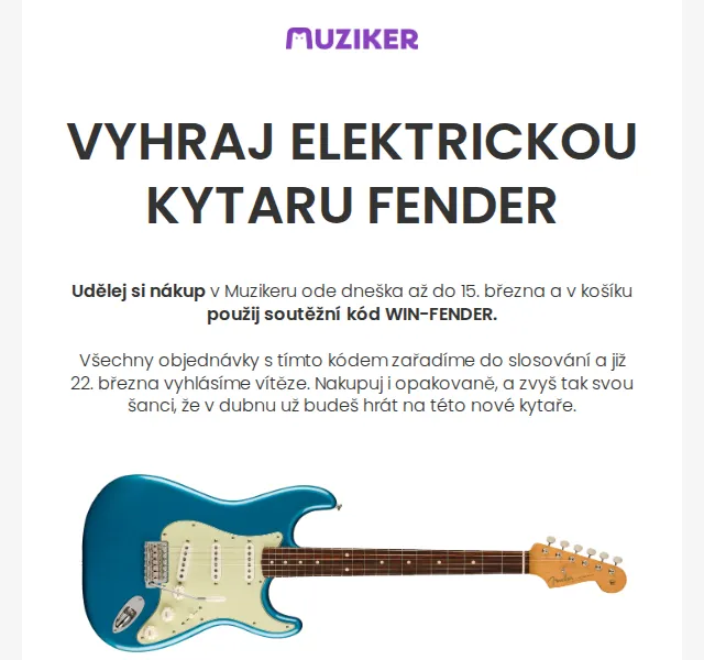 Muziker: Vyhraj kytaru Fender Stratocaster + zimní sleva – červen 2026 | Nuslet.cz