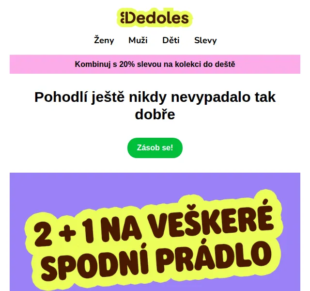 Dedoles: 2+1 spodní prádlo a 20% sleva na kolekci do deště – červenec 2026 | Nuslet.cz