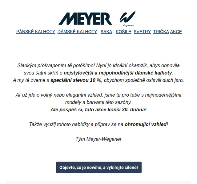 Meyer Wegener: Výprodej -10 % dámské kalhoty – červenec 2026 | Nuslet.cz