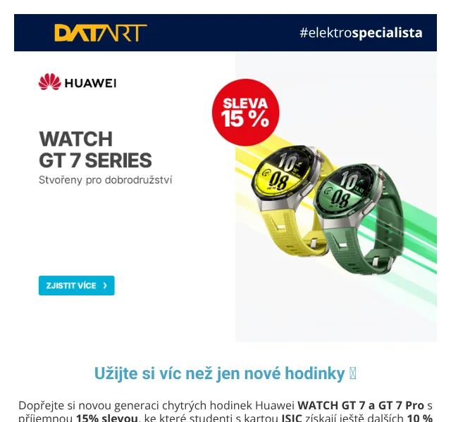 DATART: Huawei hodinky GT 7 sleva 15 % – září 2026