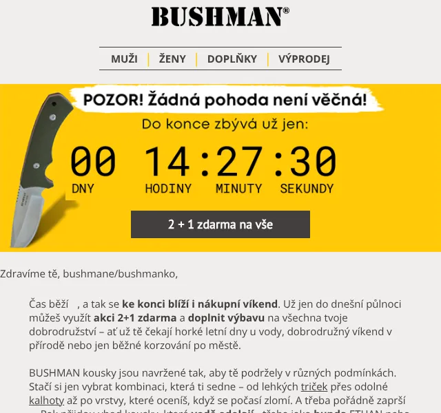 BUSHMAN: 2+1 zdarma na outdoor oblečení – květen 2026