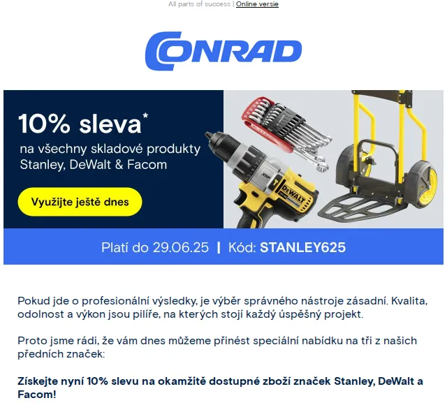 Conrad Electronic: 10% sleva na Stanley, DeWalt, Facom – červenec 2026 | Nuslet.cz