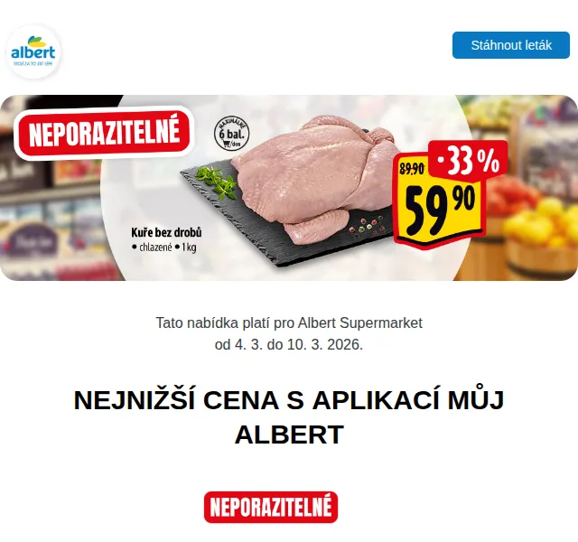 Albert: Kuře bez drobů za 59,90 Kč, Jihlavanka 239 Kč/kg – březen 2026 | Nuslet.cz