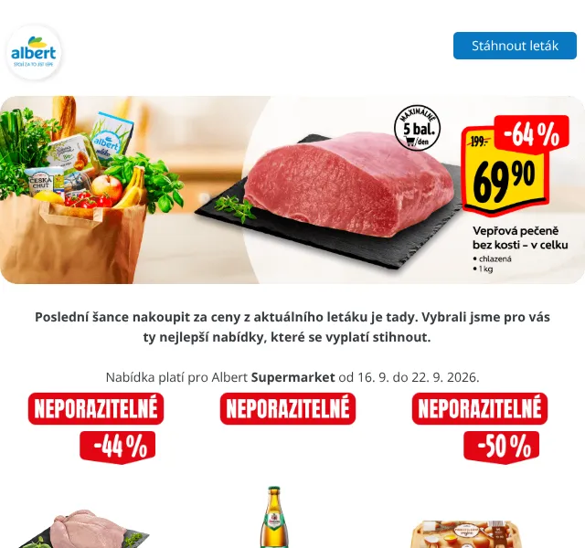 Albert: Banány 19,90 Kč/kg, Kuře 49,90 Kč – září