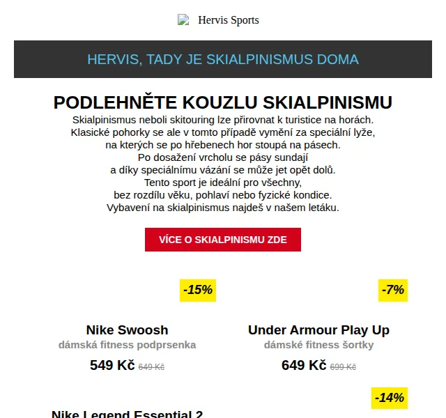 Hervis: Skialpinismus, Nike, Under Armour – červen 2026 | Nuslet.cz