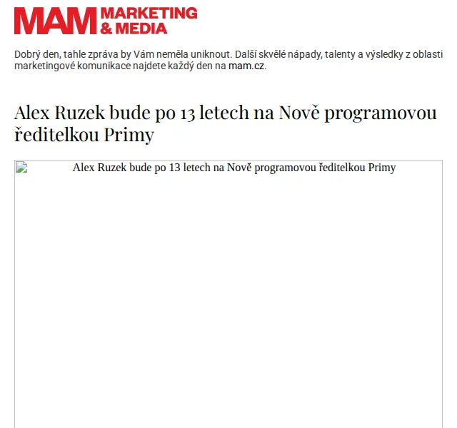 Marketing & Media: Alex Ruzek programovou ředitelkou Primy – červenec 2026 | Nuslet.cz