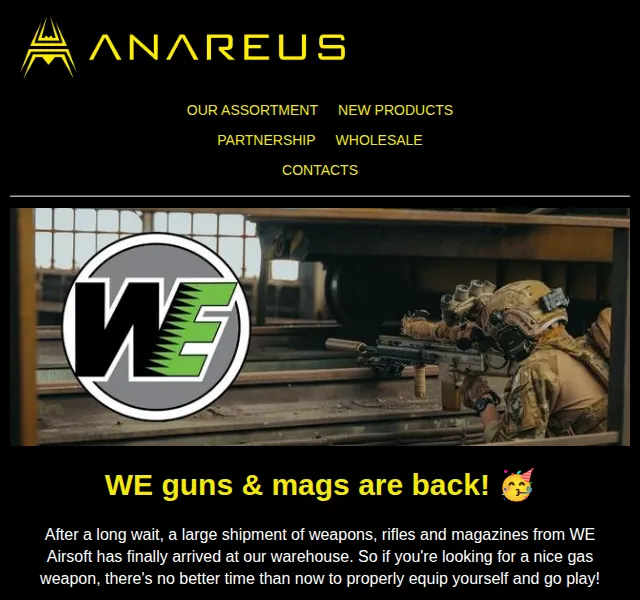 ANAREUS: WE Airsoft pistole a pušky skladem – červen 2026 | Nuslet.cz