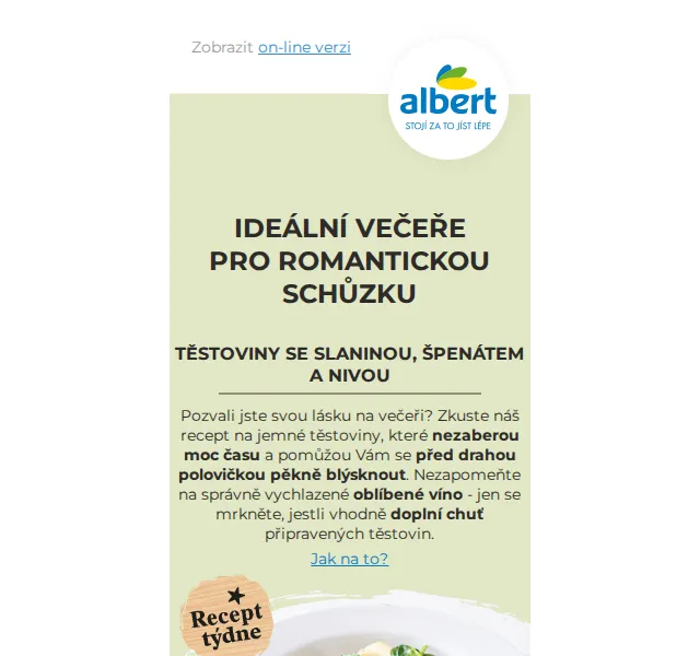 Albert: Těstoviny se slaninou, špenátem a nivou – říjen 2026 | Nuslet.cz