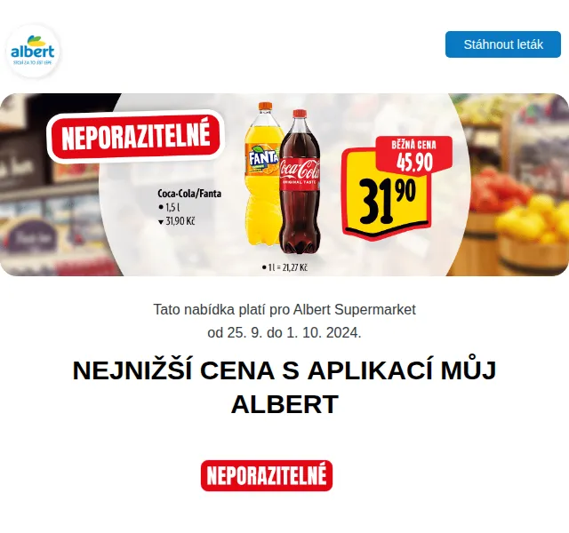 Albert: Vepřová plec za 89,90 Kč/kg, Coca-Cola za 31,90 Kč – září 2024 | Nuslet.cz