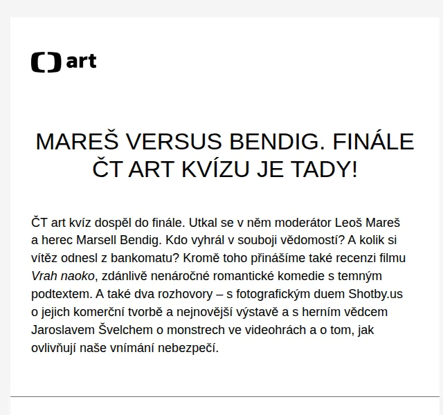 Web ČT art: Finále kvízu Mareš vs. Bendig – červenec 2026 | Nuslet.cz