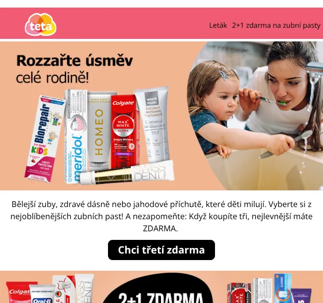 Teta drogerie: 2+1 zdarma na zubní pasty – srpen 2026