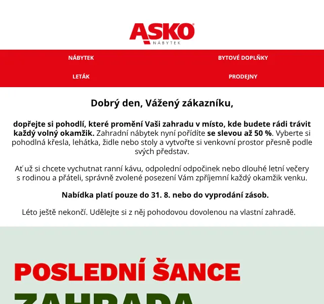 Asko Nábytek: Zahradní nábytek se slevou až 50 % – Srpen 2026