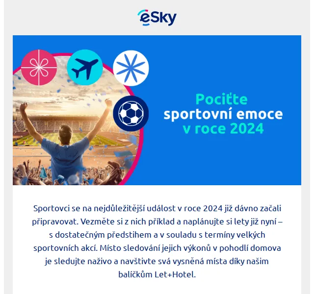 eSky.cz: Let+Hotel na sportovní akce od 4 575 Kč – červenec 2026 | Nuslet.cz