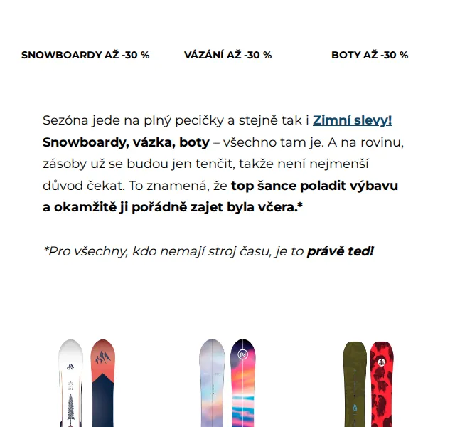 Snowboard Zezula: slevy až -30 % na snowboardy a vázání – duben 2026