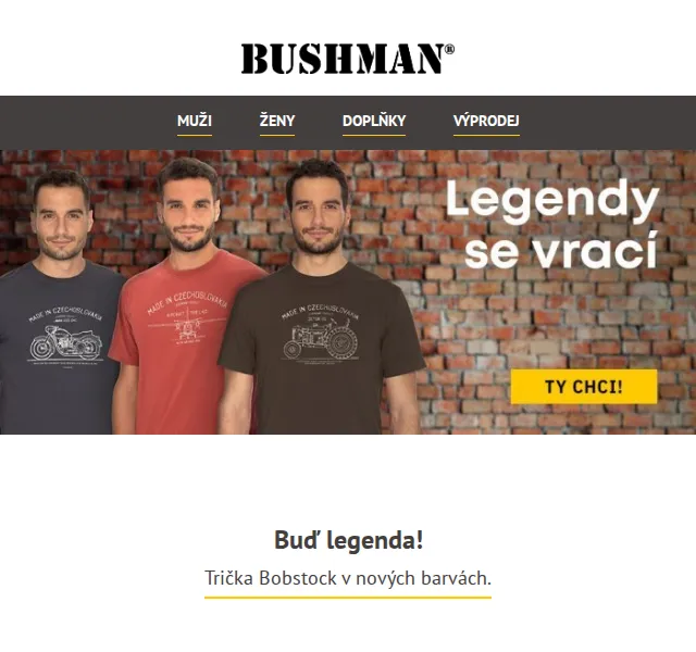 BUSHMAN: Trička Bobstock od 899 Kč + sandály – červenec 2026 | Nuslet.cz