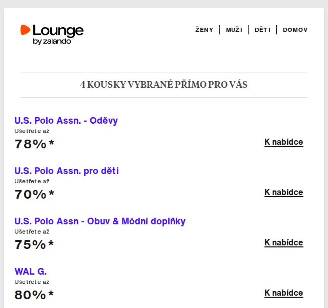 Lounge by Zalando: U.S. Polo, WAL G., LEGO až 80 % – duben 2026