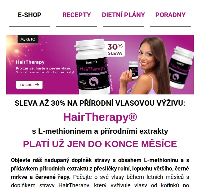 MyKETO: sleva 30 % na vlasovou výživu HairTherapy – červenec 2026 | Nuslet.cz