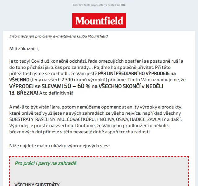 Mountfield: prodloužený výprodej se slevami 50–60 % – březen 2026 | Nuslet.cz