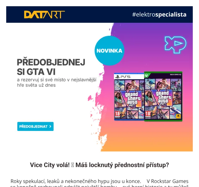 DATART: GTA VI na PS5 a Xbox – 2 299 Kč – Červen 2026