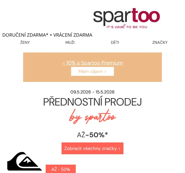 Spartoo.cz: až -50 % na Quiksilver, Adidas – květen 2026